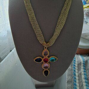 Statement Cross Pendant Necklace – Multicolor Fashion Stones, Braided Gold‑Tone